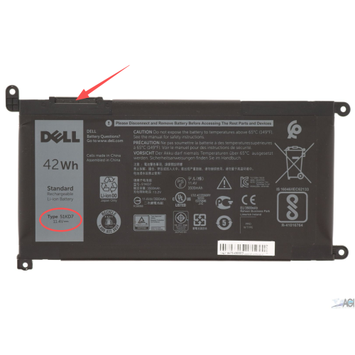 DELL 11 G4 3181 / 11 G4 5190 / 11 G4 5190 (TOUCH) / 11 G4 5190 2-IN-1 (TOUCH) / 14 G4 3400 BATTERY 3 CELL TYPE# 51KD7